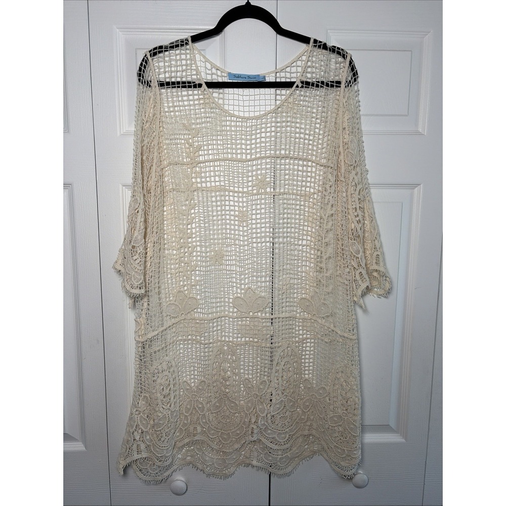 Solitaire Swim Crochet Lace Cover Up Womens Size L Cream Boho Beach Cotton